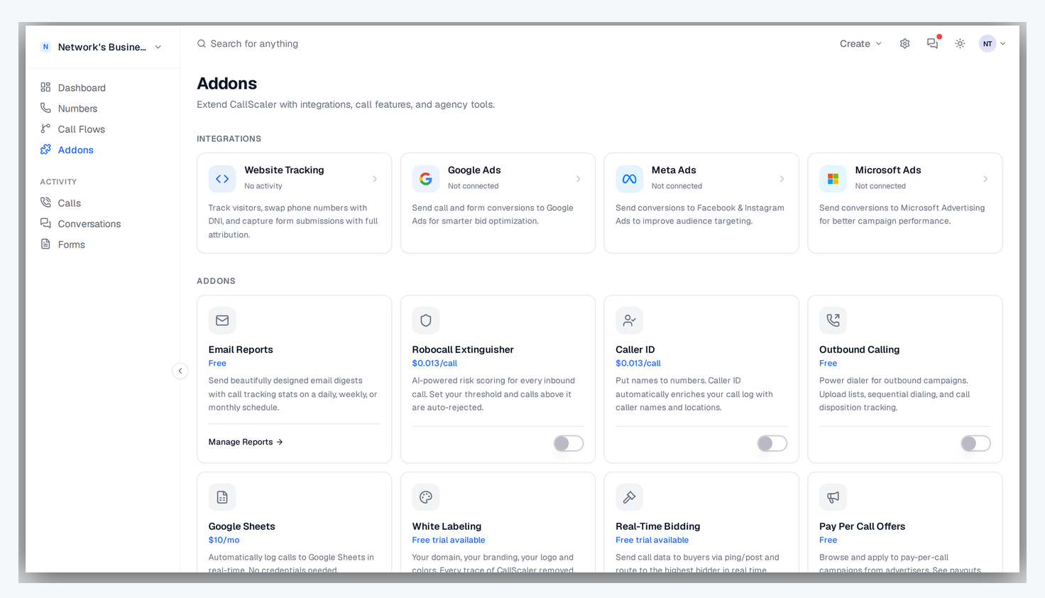 Addons page Integrations row showing Google Ads card ready to connect via OAuth