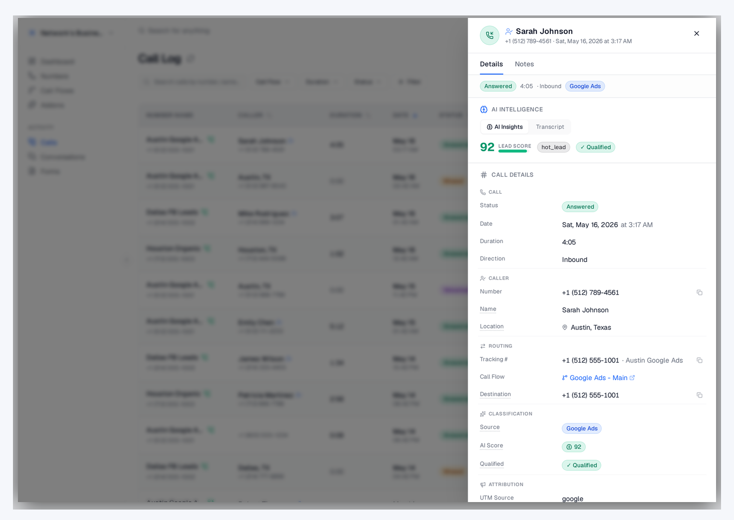 Call detail AI Insights tab with sentiment, buying signals, and coaching opportunities for one conversation