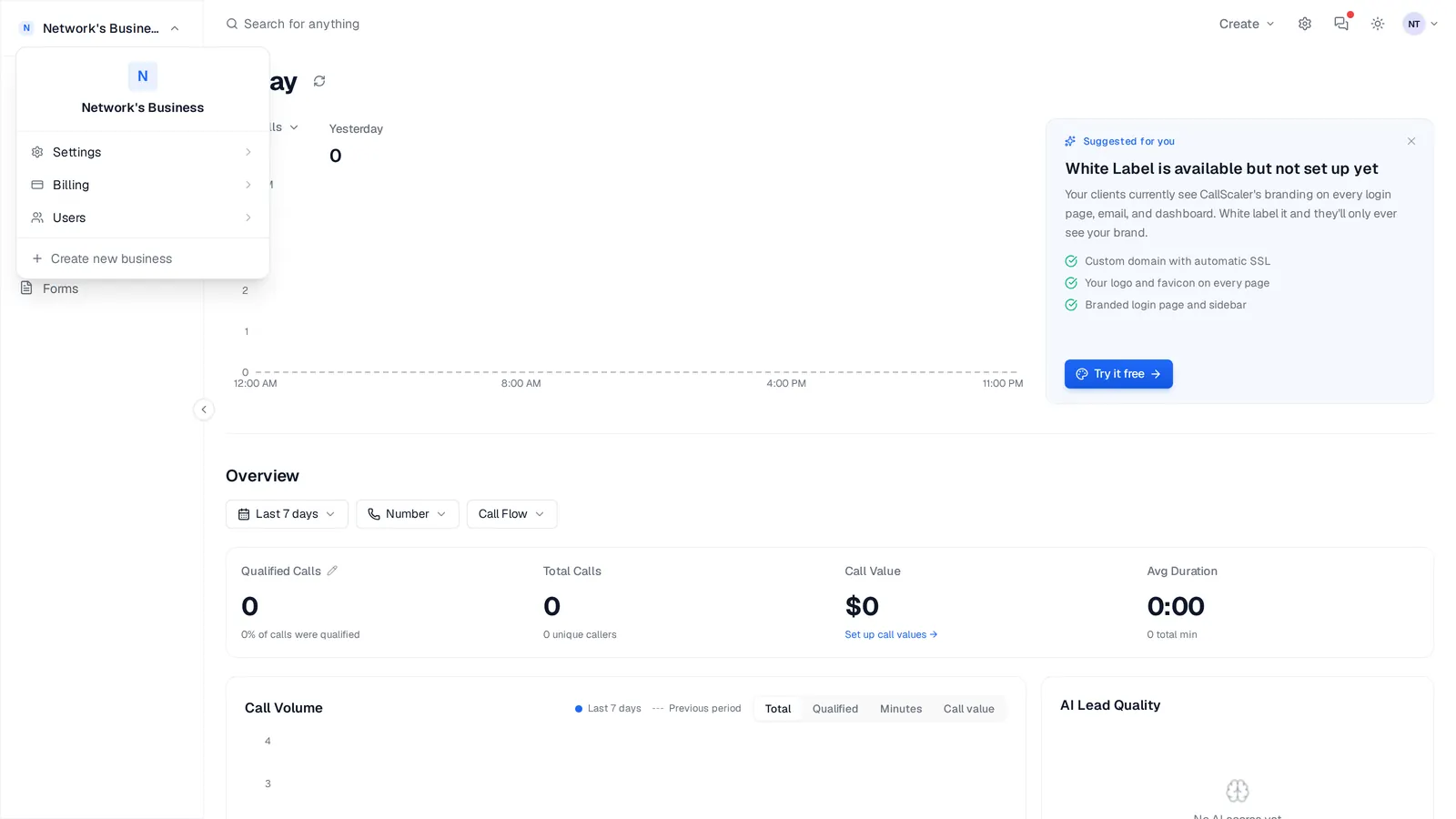 Business switcher dropdown listing every client workspace, each isolated with its own data and permissions
