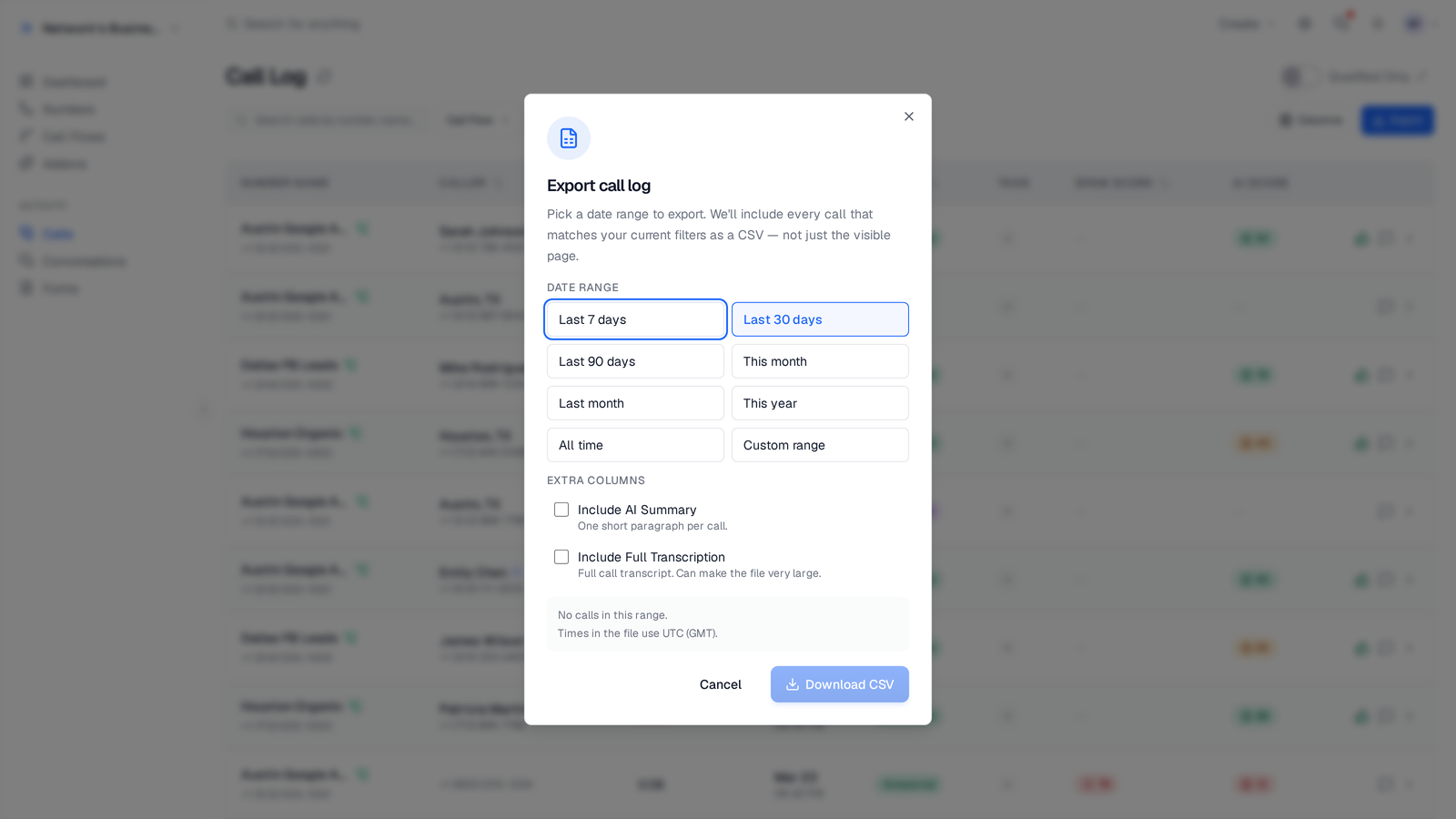 CSV export modal with field picker and date range, ready to download a filtered call log