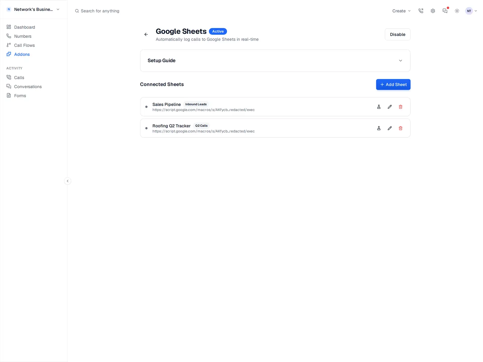 Google Sheets connector configured to push call rows into a client-shared spreadsheet for live reporting