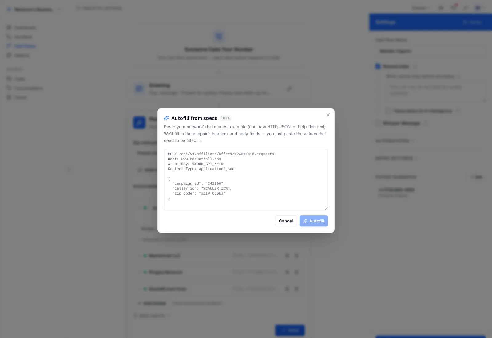 AI buyer autofill modal where pasting a MarketCall spec auto-extracts endpoint, headers, and ping/post params