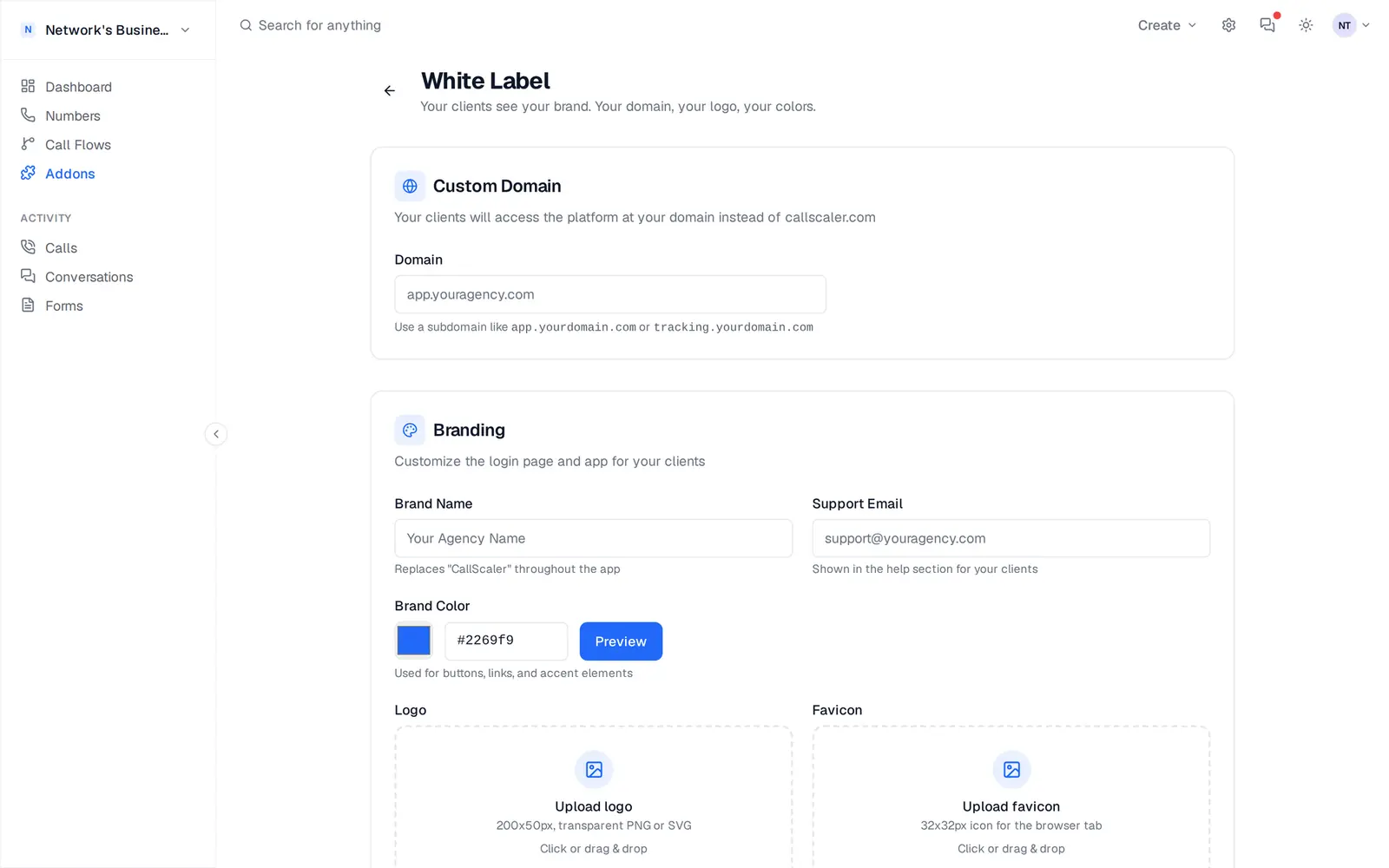 White label setup with custom domain field showing calls.youragency.com ready to brand the client portal