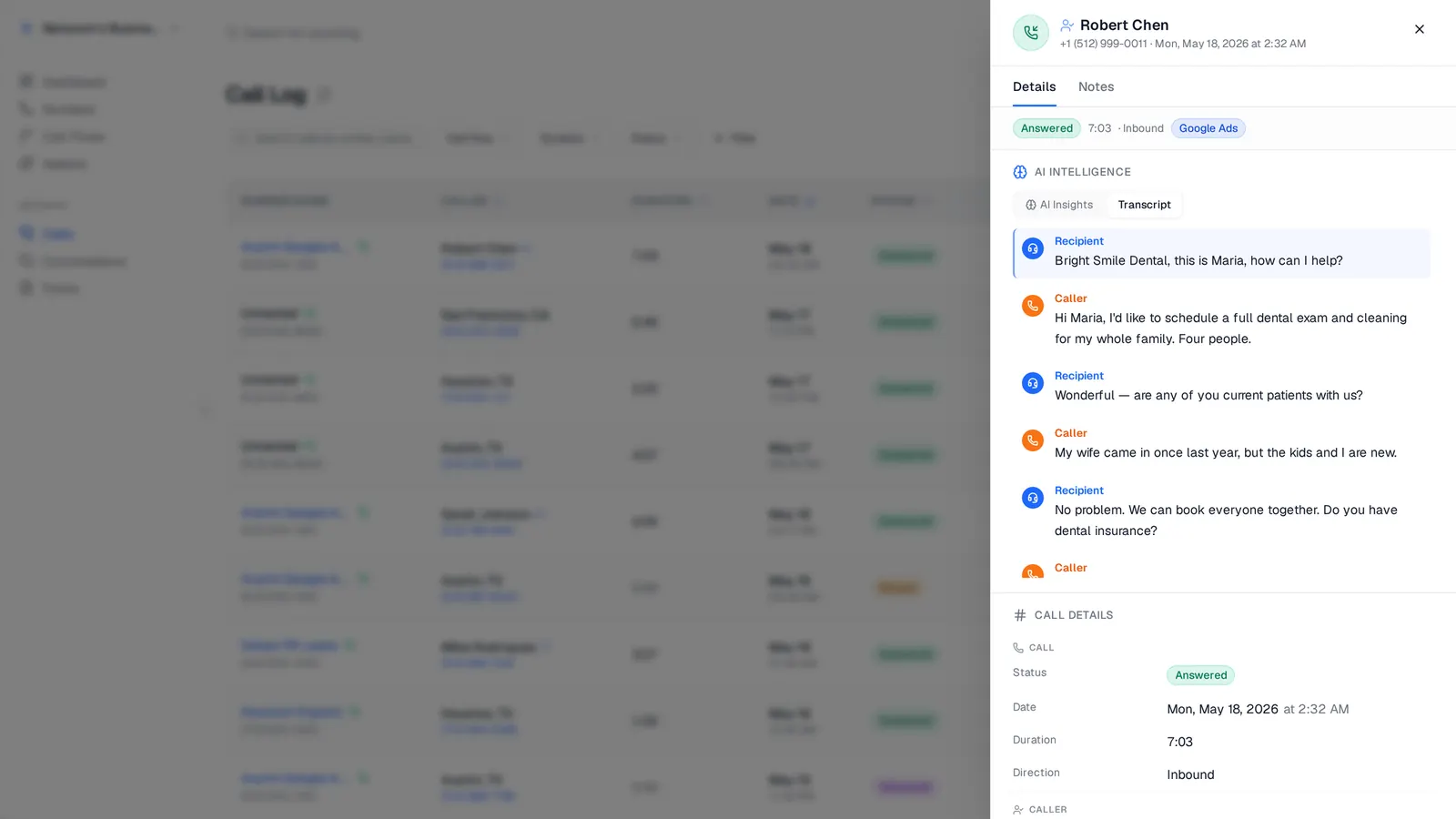 Transcript tab on the same call showing the full diarized transcript that drives the AI summary above