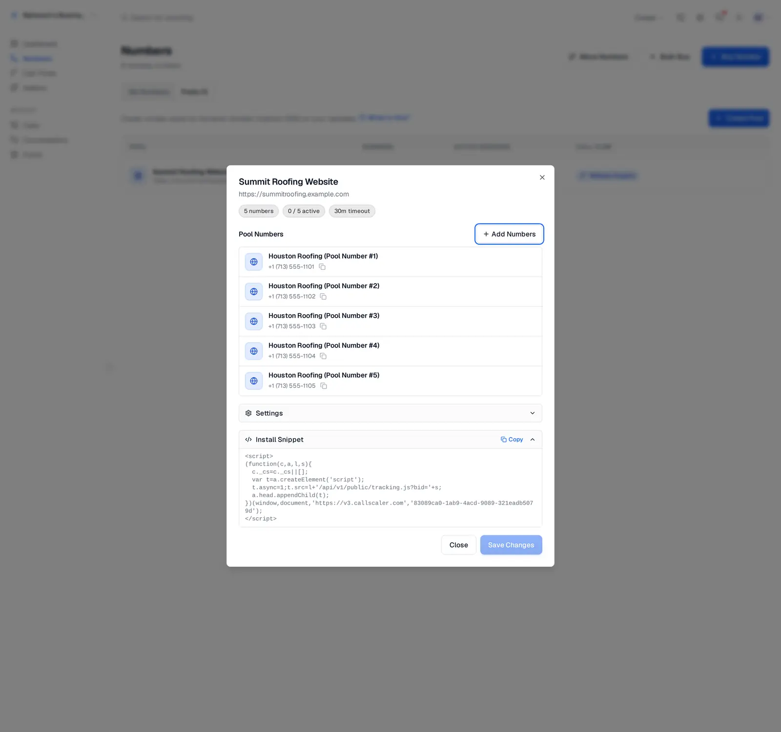 Pool detail dialog with member numbers, session timeout, and the actual install snippet ready to copy