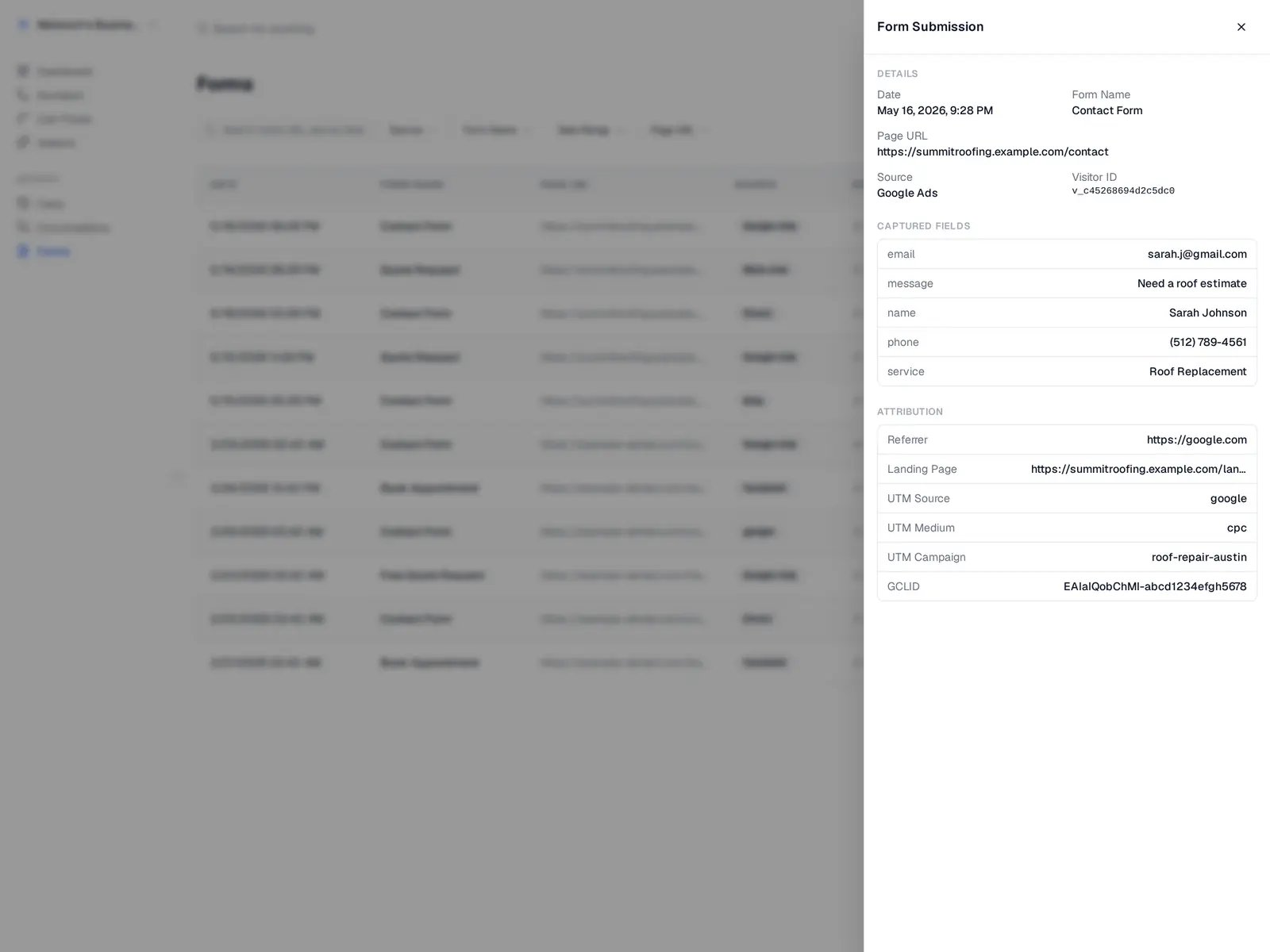 Form submission detail panel with captured fields, source attribution, UTM parameters, gclid, and landing page URL