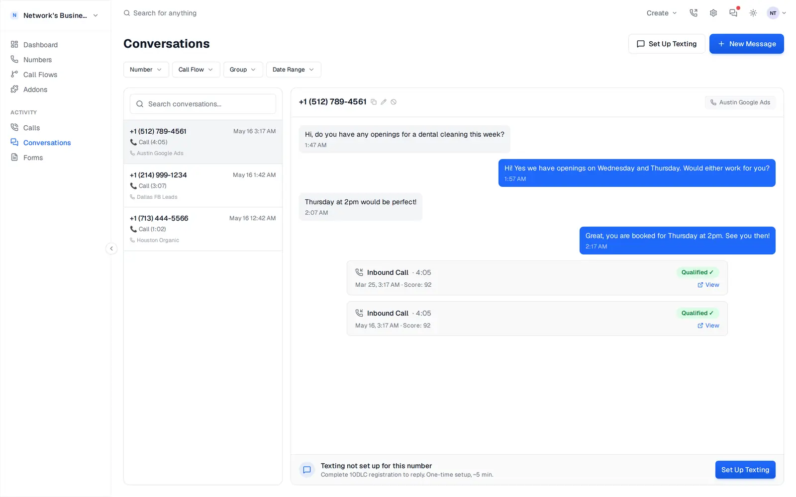 SMS conversations inbox alongside calls, with the full message thread for each contact