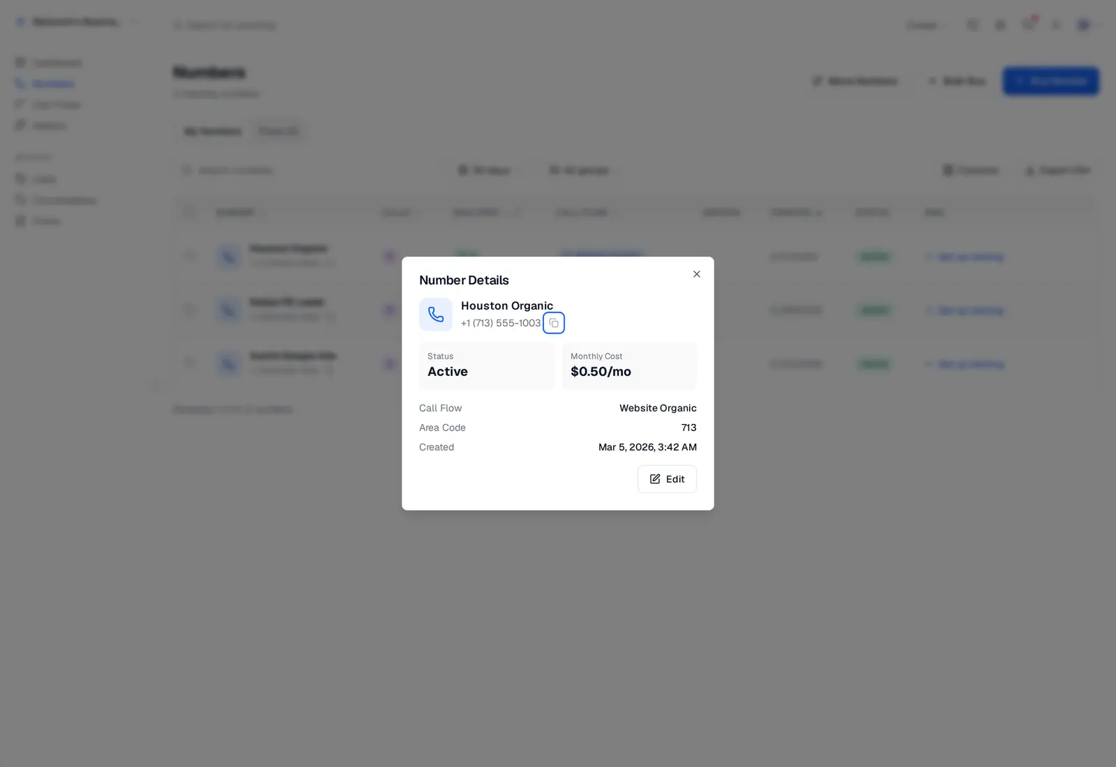 Number detail card showing the assigned call flow, area code, and $0.50/mo price for a tracking number